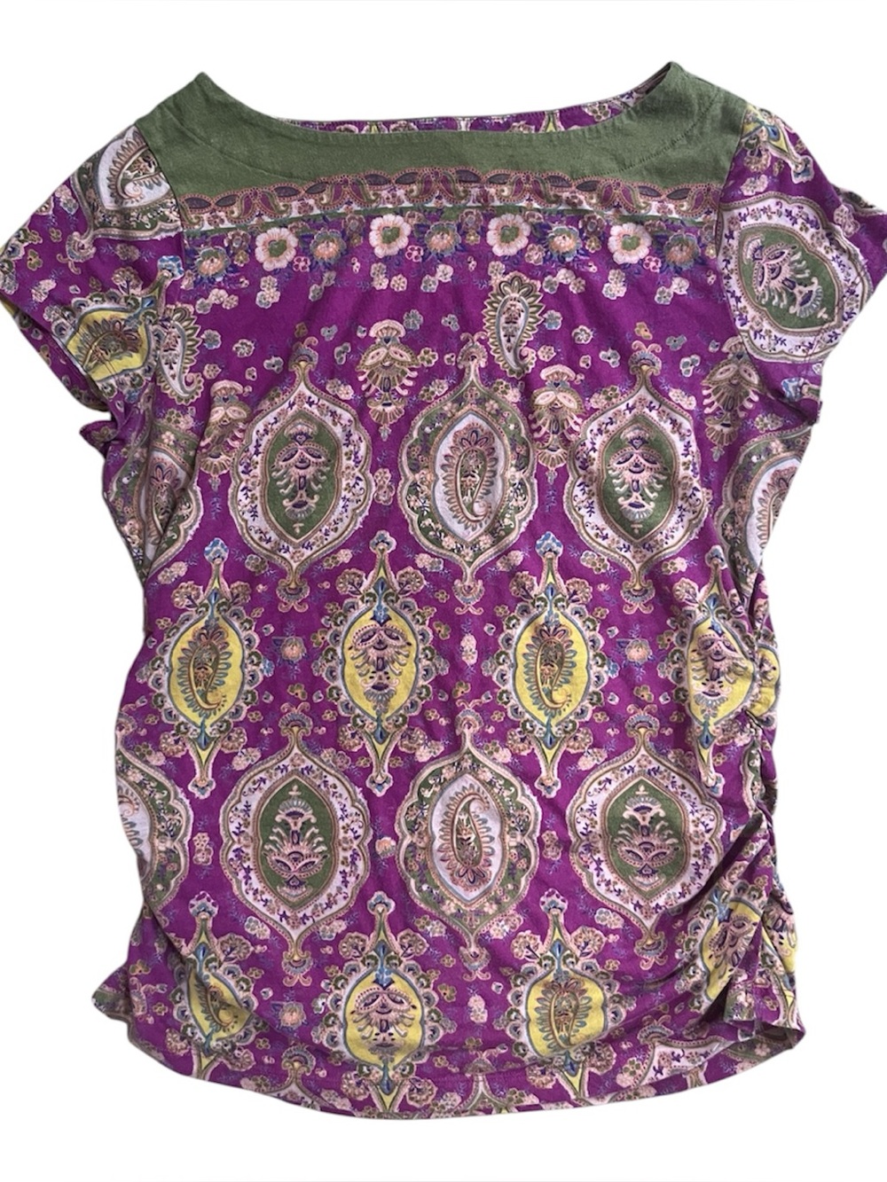 Ralph Lauren pastel purple and green paisley blouse boat neck cinched sides L